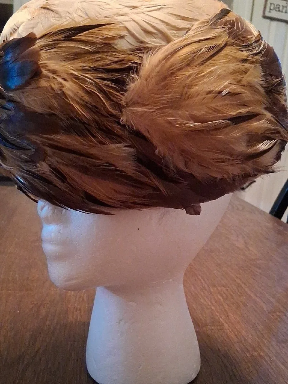 Large Feather Cloche Hat in Brown and Tan